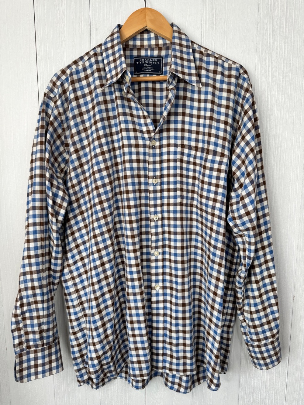 Charles Tyrwhitt Men’s Blue and Brown Check Button-Down Shirt | Cotton & Cashmer